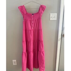 Old Navy Pink Seersucker Tiered Maxi Dress Smocked Flutter Sleeve